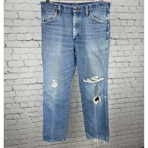 VTG Wrangler Blue Denim Ripped Distressed Straight Leg Jeans USA Size 32 (31x30)